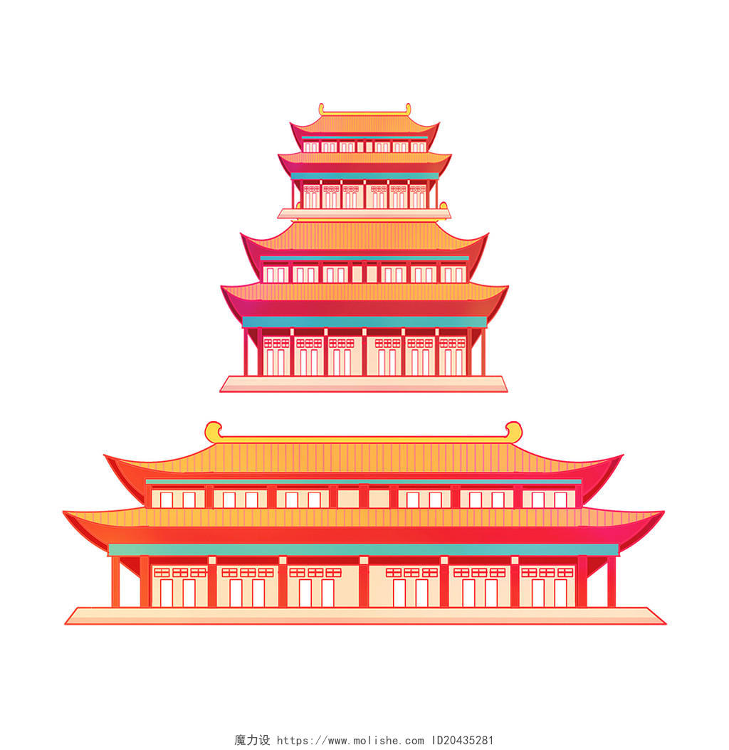 彩色中国风国潮风古风建筑房子国潮元素PNG素材